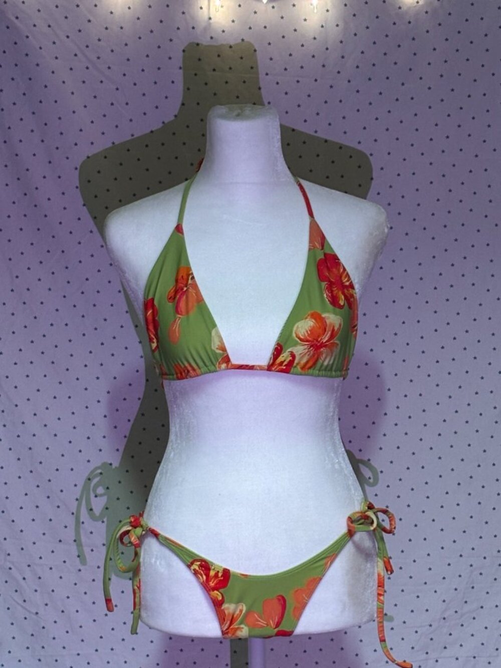 Green Floral Bikini Set Size Small Triangle Top Y2K - Picture 2 of 4